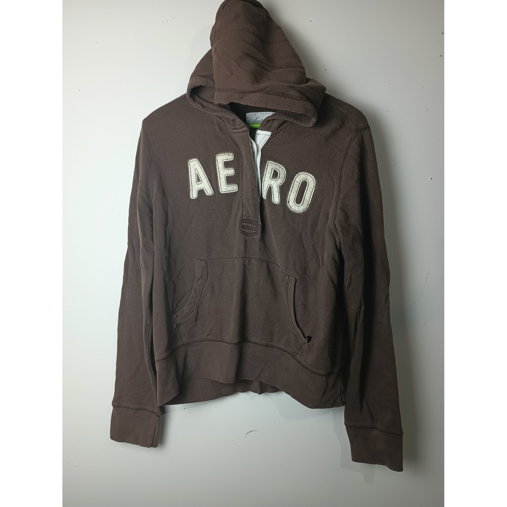 Aeropostale Vintage Y2K Brown Henley Hoodie Womens XL AERO Applique Pullover